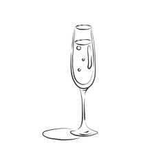 Wineglass champagne with shadow. Drink element. Contour object. Glassware hand draw, design for any purposes. Restaurant illustration. Simple sketch. Isolated on white background in engraving style