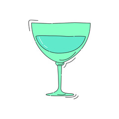 Vermouth wineglass on white background. Cartoon sketch graphic design. Doodle style. Colored hand drawn image. Party drink concept for restaurant, cafe, party. Freehand drawing style