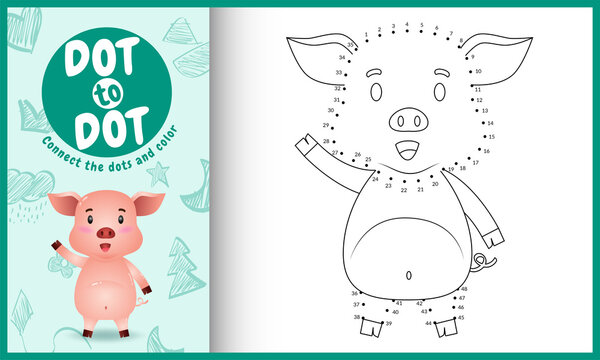 Connect the dots kids game and coloring page with a cute pig character illustration