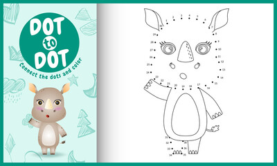 Connect the dots kids game and coloring page with a cute rhino character illustration