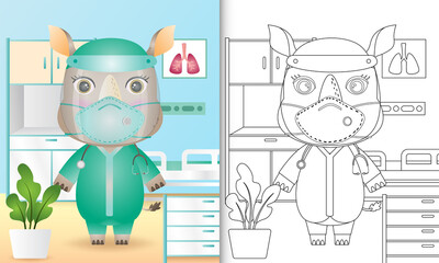 coloring book for kids with a cute rhino character illustration using medical team costume