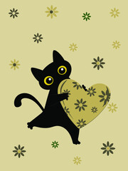 Black cat and spring flower heart brown. Valentine's card. A pattern for fashionable prints on cups, pillows, textiles, clothes, T-shirts, gliders, covers. Vector illustration.
