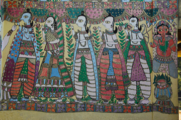 Madhubani painting on wall. Madhubani, Bihar, India