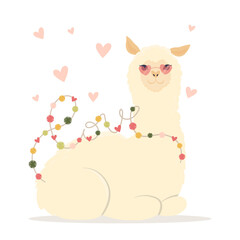 Valentine's day flat illustration. Be my llamantine card for with cute llama alpaca and hearts. Greeting card or invitation in trendy style.Vector illustration