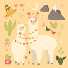 Valentine's day flat illustration. Be my llamantine card for with cute llama alpaca and hearts. Greeting card or invitation in trendy style.Vector illustration