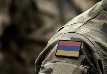Flag of Armenia on military uniform. Army, armed forces, soldiers. Collage.