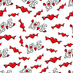 Seamless vector pattern with color candy-hearts and sign Love on the white background