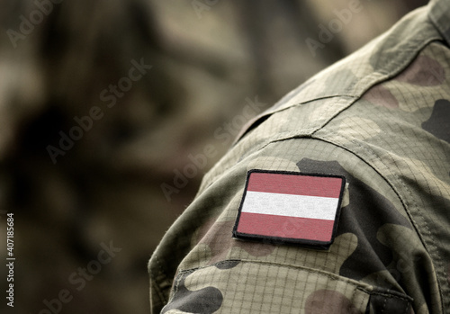 Flag of Austria on military uniform. Army, troops, soldiers. Collage.