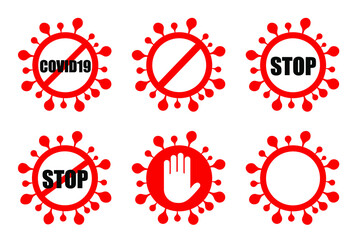 Collection of red corona virus stop hand gesture sign vector isolated on white background