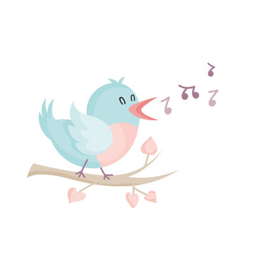 vector illustration of a cute bird on a branch sings a song. bird chirping spring has come