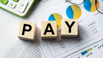The inscription on the cubes, the word PAY on the cubes of wooden texture. View from above. Desktop with documents. An inscription on a financial, business or economic theme.