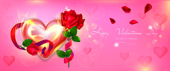 Bright Valentine's Day banner with glowing heart and roses. The illustration in gentle shades of pink is perfect for poster, banner, postcard, web banner. Vector illustration