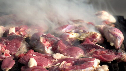 Fresh red meat is grilled on the grill. Raw juicy meat is fried on charcoal. Smoke from the frying. Close-up