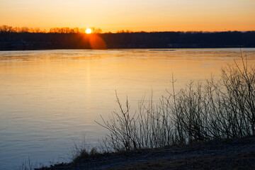 Naklejka premium Beautiful landscape with old willow tree at sunrise. River