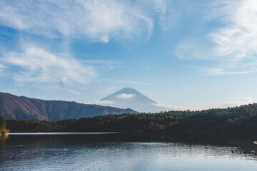 晴れた日の湖と富士山