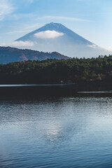 晴れた日の湖と富士山