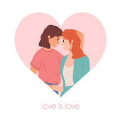 Lesbian female couple hugging, gay couple. Woman hug and kiss. Homosexuality. LGBTQ+ people, lesbians, human rights freedom. Love is love, relationship, intimacy, romantic date. Valentine's Day.