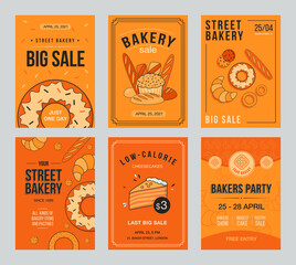 Bakery sale invitation cards set with baking. Pastry and bread vector illustrations with text, time and date on orange background. Street bakery, food or pastry concept for retail flyers or posters
