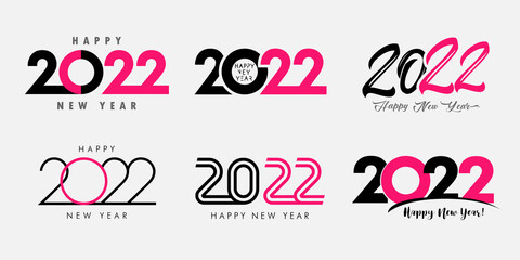 Big Set of 2022 Happy New Year gold colored logo text design. 20 & 22 number design template. Collection of 2022 Xmas symbols. Vector illustration with black labels isolated on white background