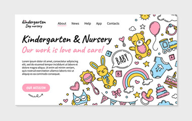 Kindergarten and day nursery landing page in Doodle style, vector site template. Children s cute toys icons