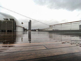 Outdoor sun and pool deck with loungers and deck chairs on modern luxury cruiseship or cruise ship...