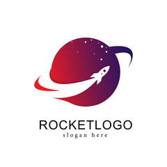 rocket logo design template. rocket around the planet vector illustration
