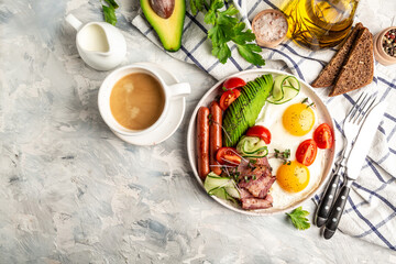 english breakfast table in a classic timeless cafe with fried eggs, sausages, beans, avocado and bacon, cup of fresh coffee, daily morning in London. catering, banner, menu, recipe, place for text