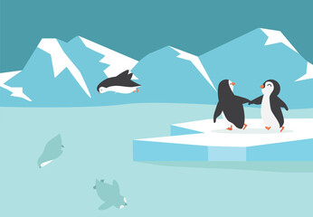 Winter North pole Arctic penguins group  background © focus_bell