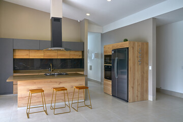 Modern marble kitchen with island. Luxury apartment interior.