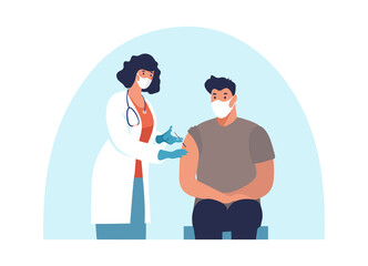 Doctor in a mask and gloves in a clinic makes a man a coronavirus vaccine, conceptual illustration of immunity. Adult immunization, covid vaccine. Flat illustration isolated on white background.