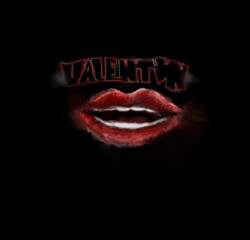 The inscription Valentine on the background of ajar female lips in red on a black background