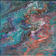 Abstract paint poured fluid painting in blues, turquoise, multicolored