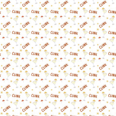 Seamless pattern glass of cocktails with umbrella, clink and stars. Hand drawing. Vector illustration. Isolated white background.