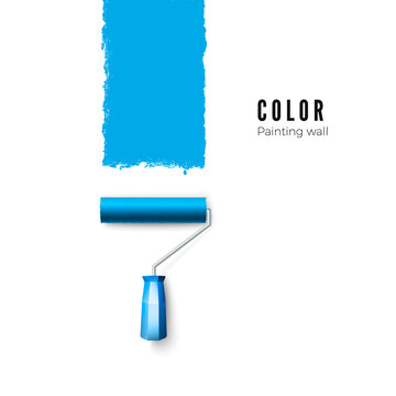 Paint roller brush. Blue paint texture when painting with a roller. Vector illustration isolated on white background