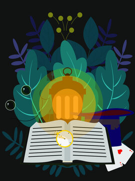 illustration on a dark background with a picture of a book, a lantern, a cylinder and playing cards. Alice in Wonderland