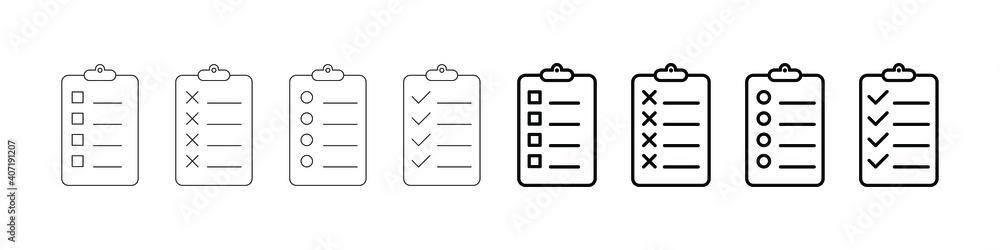 Poster set of record checklist paper. business work check and resume document icon. premium thin line vecto