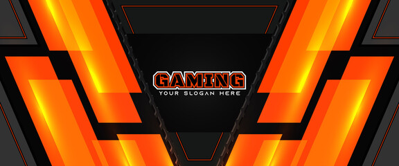 Futuristic orange and black abstract gaming banner design template with metal technology concept. Vector graphic for business corporate promotion, game header social media, live streaming background