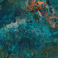 Abstract paintscape with poured paint, ocean, water, sea, waves, swirls, fluid painting in blues