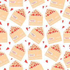 Seamless pattern with hand drawn paper envelopes filled with hearts in a white background. Simple illustration in a flat style. It can be used for decoration of textile, paper and other surfaces.