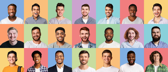Portraits Collage Of Men With Happy Faces On Different Backgrounds