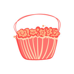 Flower basket vector flat illustration. Red Roses Bouquet in bag clip art for Women's Day. Design element for decorating greeting card, party invitation, scrapbooking.