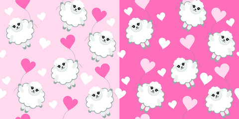 lat vector pattern of Little lamb with balloon. cute pattern with air bras for children's party, textiles and cards. pink background.