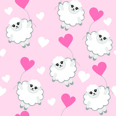 lat vector pattern of Little lamb with balloon. cute pattern with air bras for children's party, textiles and cards. pink background.