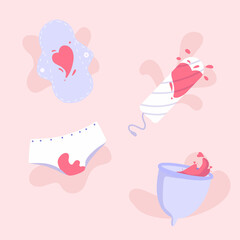 Menstruation hygiene tools, menstrual cup, pad, tampon, panty with blood. Female zero waste period protection. Period problems. Website and article design, print, stickers
