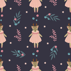 Seamless vector pattern with cute tilde deer and leaves, berries on a dark background for prints on baby clothes, toys, decor
