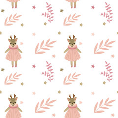 Fototapeta premium Seamless vector pattern with cute tilde deer and leaves, berries on a white background for printing on children's clothes, toys, decor