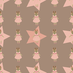 Seamless vector pattern with cute tilde deer and leaves, stars on a beige background for printing on children's clothes, toys, decor