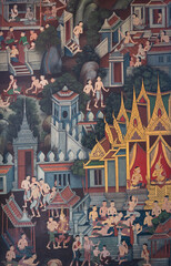 Ancient famous Thai mural wall paintings attached at building along inner wall around chapel portrays story of Buddhist history at Wat Pho temple, Bangkok, Thailand.