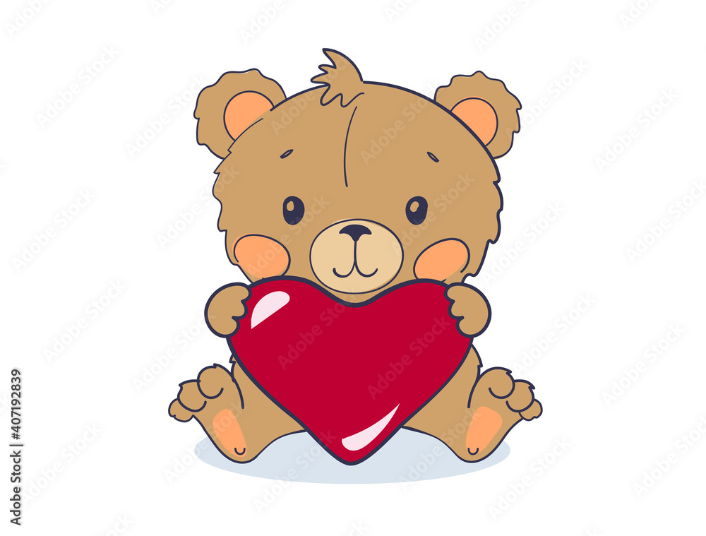 Wall mural a cute bear cub sits and holds a big red heart. cute animal for valentine s day. vector illustration