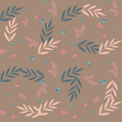 Seamless vector pattern with leaves and pink flowers background for printing on children's clothes, toys, decor